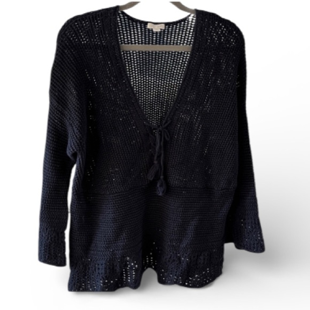 J Jill Open Knit Bell Sleeve Crochet Cotton Sweater Top Petite Large